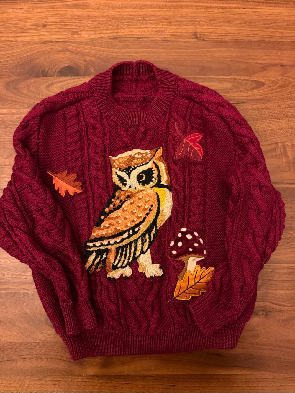 Dolce & Gabbana Burgundy Cable Knit Sweater with Owl Appliqué